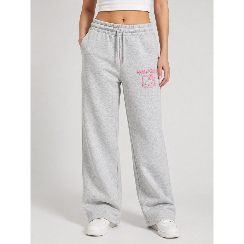 Hello Kitty x Primark Sweatpants Womens L Gray Pink Embroidered Wide Leg 31"